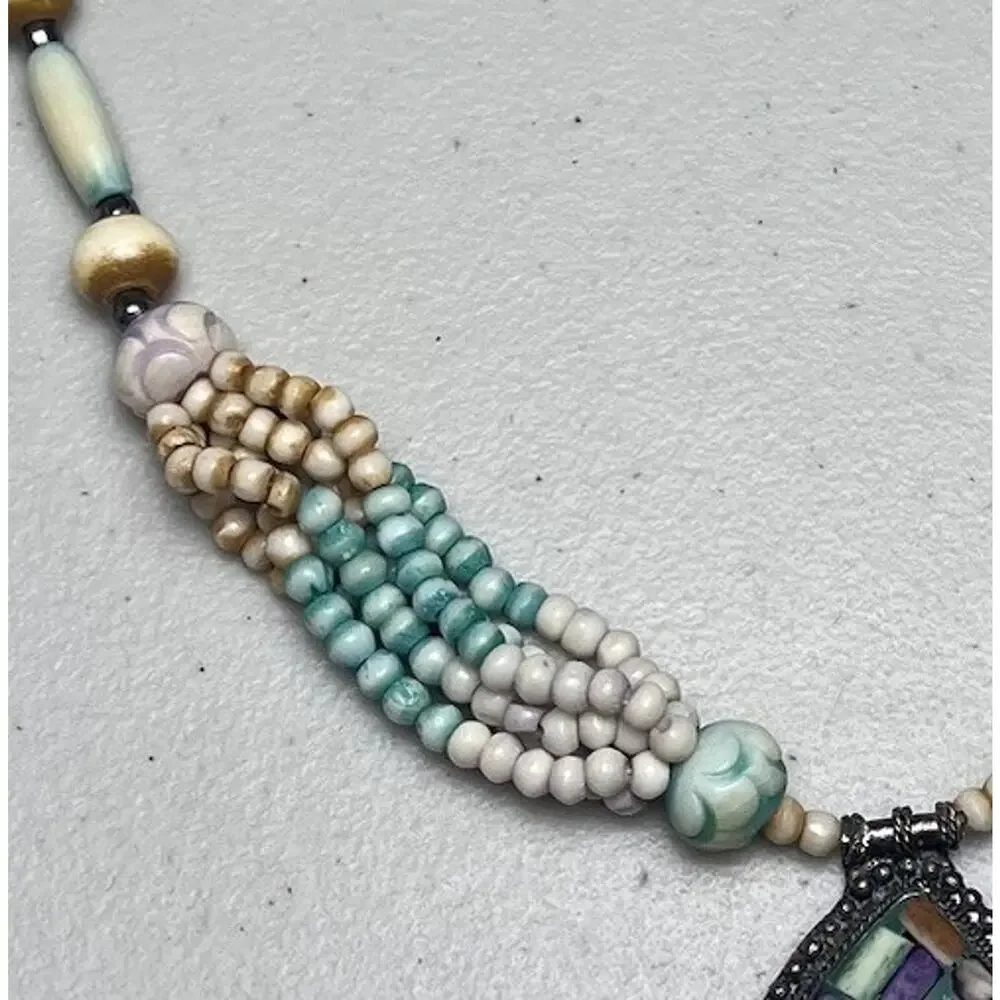 Mosaic Teardrop Pendant Western Tribal Multi Strand Beaded Necklace Silver Tone
